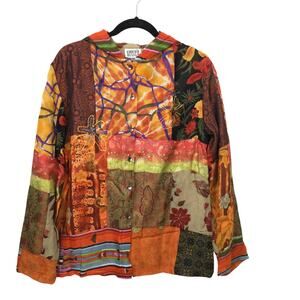 Chico’s Design Patchwork Boho Embroidered Lightweight Floral Hooded Top Sz 1 (M)